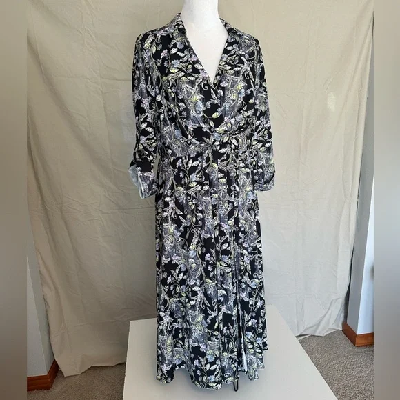 Torrid Black Floral Midi Dress fit & flare wrap size 1X white chartreuse v-neck - Picture 2 of 16